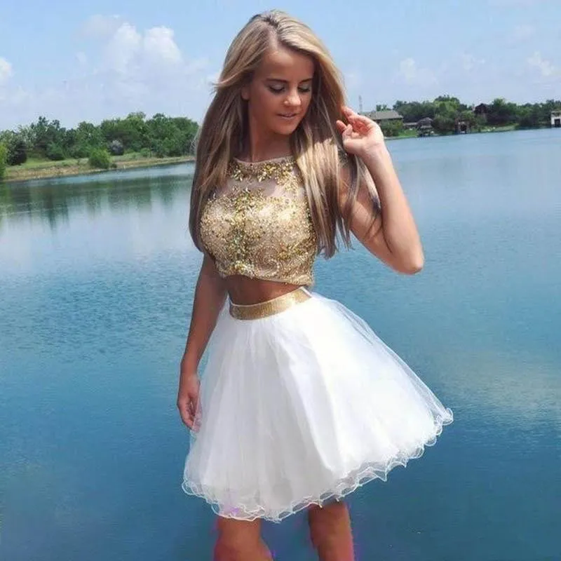 Vestido corto de dos con blancas y doradas, traje de dos piezas para Homecoming, línea A, dulce 15, fiesta de cóctel, graduación, talla grande, personalizado|Vestidos de graduación| AliExpress