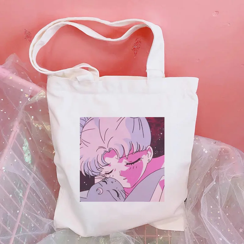 

Beautiful Sailor Moon Cat Cute Print Shoulder Canvas Bags Harajuku Funny Crossbody Bag Reusable Tote Bag Kawaii Women Bag Purse