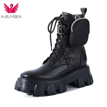 

2020 Pocket Motorcycle Boots Women Platform Shoes Lace Up Thick-soled Black ShortShort Boots Woman Ankle Botas de Mujer