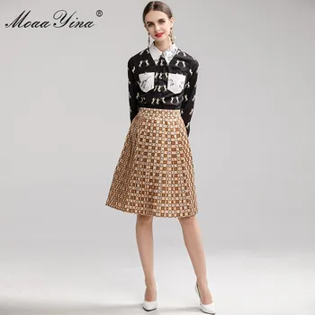 

MoaaYina Fashion Designer Suit Spring Women Long sleeve Cartoon Print Shirt Tops+Plaid Pleated skirt Elegant Two-piece set