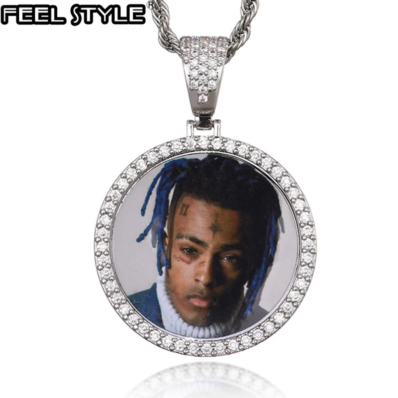 Hip Hop Custom Made Photo Roundness Solid Back Iced Out Bling Cubic Zircon Personalized Necklace & Pendant For Men Jewelry