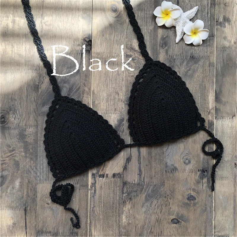 Черный New Fashion Summer Women Crochet Bralette Knit Bra Boho Beach Woven Bikini Halter Crop Top - Цвет: Черный