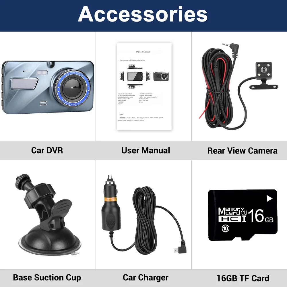 WITH 16G TF CARD Carrmovil Автомобильный видеорегистратор Full HD 1080P Dash Cam двойной объектив с камерой заднего вида ночного видения 170 широкоугольный видеорегистратор - Название цвета: WITH 16G TF CARD