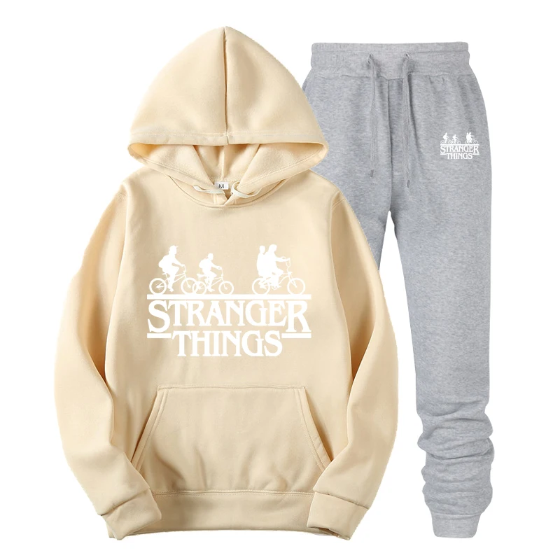 

2019 HOWLLOFTY Men's Fashion Hoodies Set Suits Hit gray pants STRANGER THINGS black print Mens Track Set Men Clothes Suit