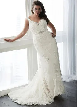 

Top Sale Plus Size V-Neck Mermaid Trumpet Wedding Dresses Appliques Lace Spring Sleeveless Bridal Gowns Sexy Lace Up Back Formal