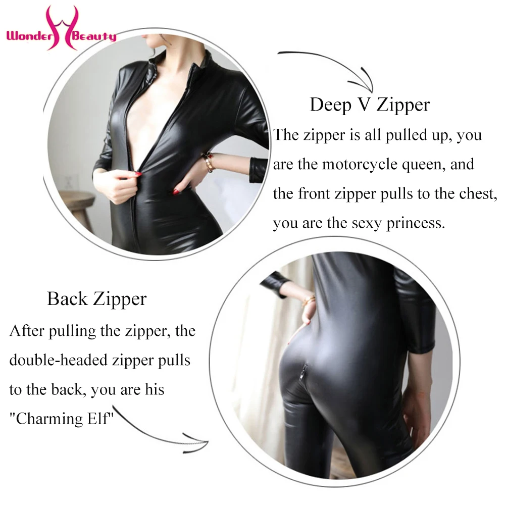 Long Sleeve Wetlook Faux Leather Jumpsuit Open Crotch Zipper PVC Catsuit Latex Fetish Wear Catwomen Halloween Costume (5)