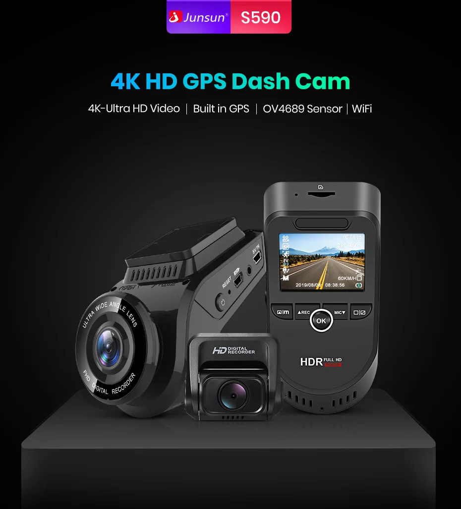 Junsun S590P 4K Dash Cam Wi-Fi Автомобильный видеорегистратор GPS-трекер ADAS Super HD 2880* 2160P Прибор ночного видения Видеорегистратор 1080P с камерой заднего вида