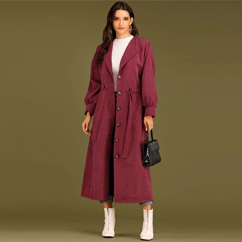 Sheinside, бордовый, элегантный однобортный Тренч на завязках, Женское пальто, осень, с рукавом Бишоп, верхняя одежда, для девушек, на пуговицах, пальто