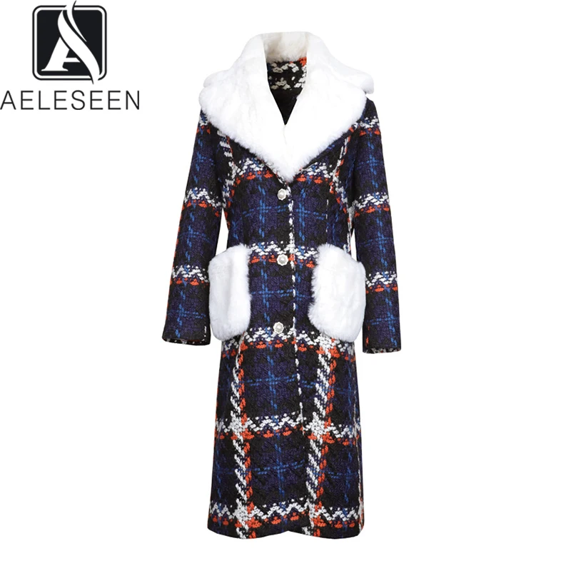 

AELESEEN New Arrival English Style Plaid Windbreaker Women Luxury Pearl Button Collorful Woollen Elegant Fur Collar Winter Coat