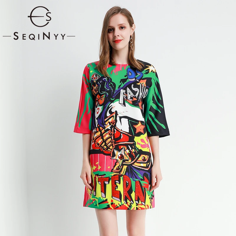 

SEQINYY Straight Dress 2020 Summer Spring New Fashion Design Women Luxury Crystal Cartoon Print Mini Dress