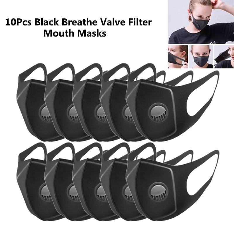 

10Pcs Washable 3D Breathable Black Mouth Mask With Breathe Valve Anti PM2.5 Dust Pollution Respirator Mask Filter Mouth Cover