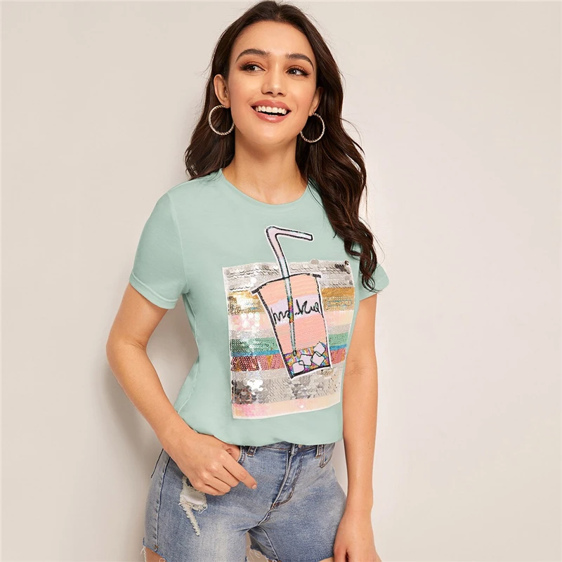 Dotfashion белый топ с блестками и цветными блоками для женщин Летняя Повседневная футболка с коротким рукавом Женская корейская модная футболка