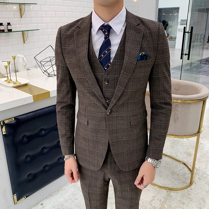 Деловые мужские костюмы хаки мужские костюмы 3 шт Terno Masculino Slim Fit Свадебные костюмы для мужчин с брюками платье для офиса
