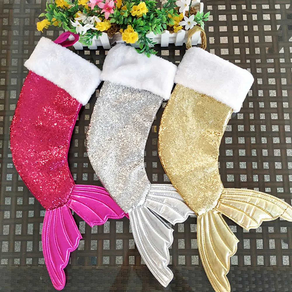 

Fishtail Christmas Stocking Fireplace Ornaments New Year Home Decor Christmas Gift Bag 3 Color Cloth Large Christmas Candy Bag