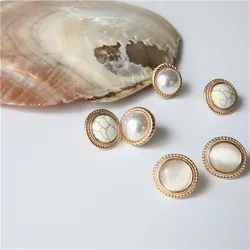 New Vintage Round Marble Opal Stone Big Stud Earrings Women Fashion Temperament Ear Stud Circle Pearls Stone Jewelry