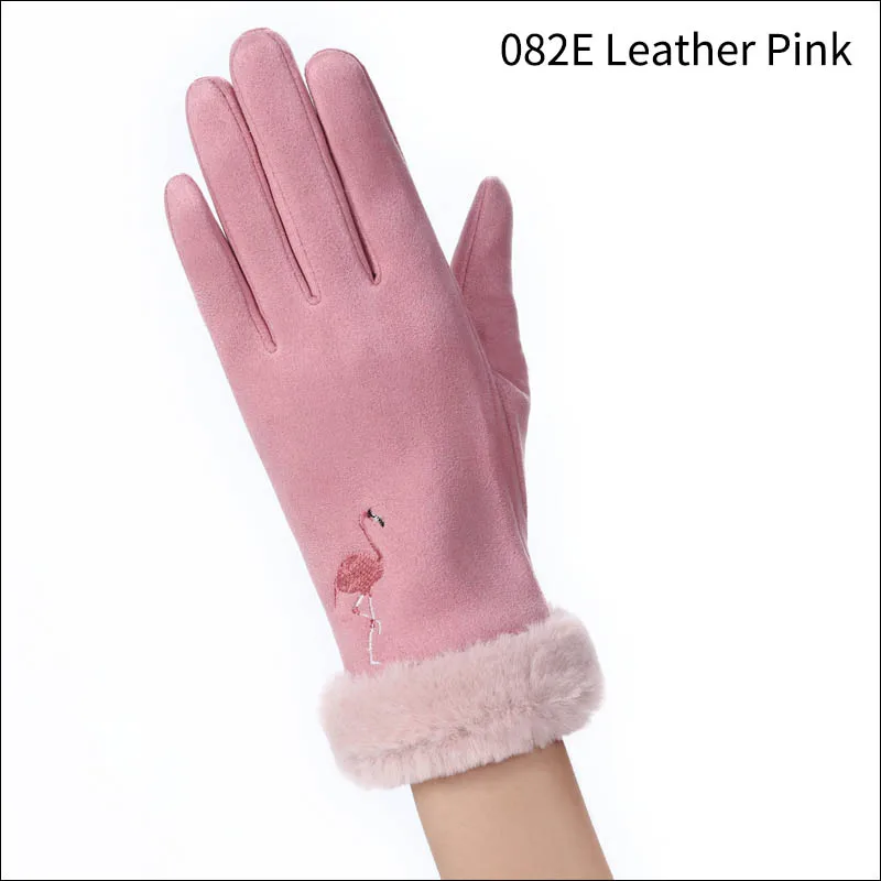 082E Leather Pink Зимние ветрозащитные двухслойные меховые женские перчатки с мультяшной вышивкой замшевые варежки с сенсорным экраном двойные толстые плюшевые перчатки для вождения - Цвет: 082E Leather Pink