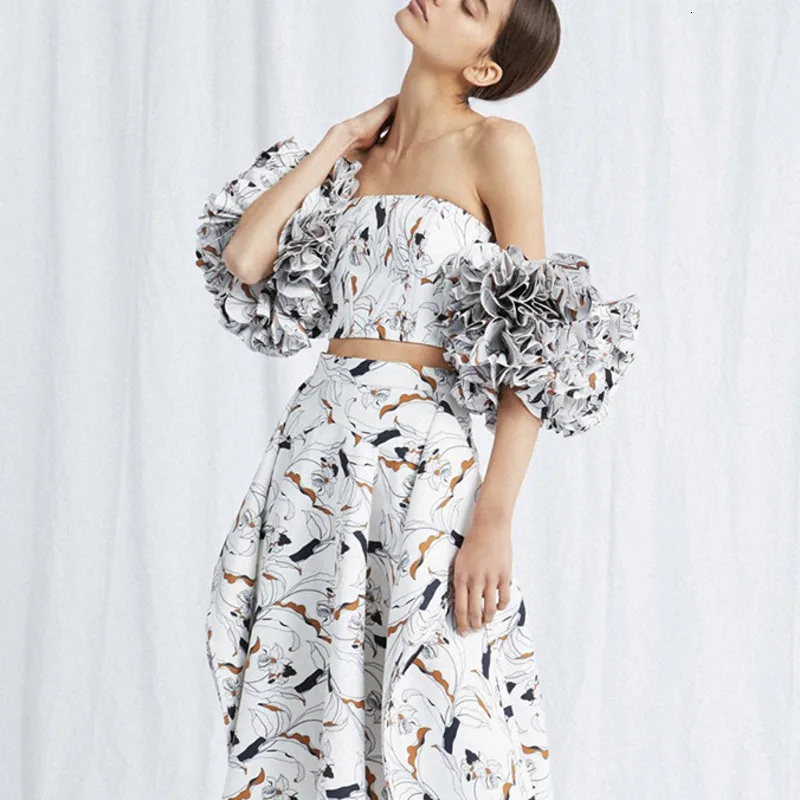 

TVVOVVIN White Printing Heavy Ruffled Puff Sleeve Short Tube Top Woman Sweet Versatile Simple Fashion 2019 Summer New X015