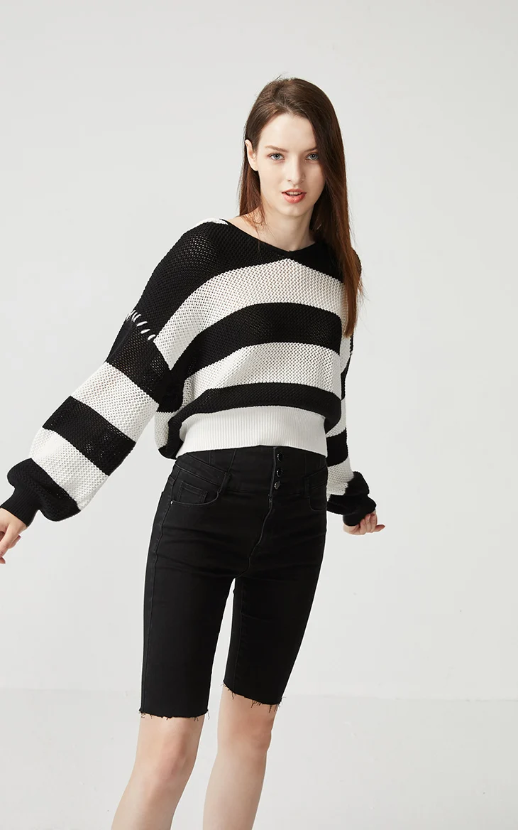 Vero Moda женский свободный крой с капюшоном широкая полоса хлопок свитер вязаный Топ | 319313574