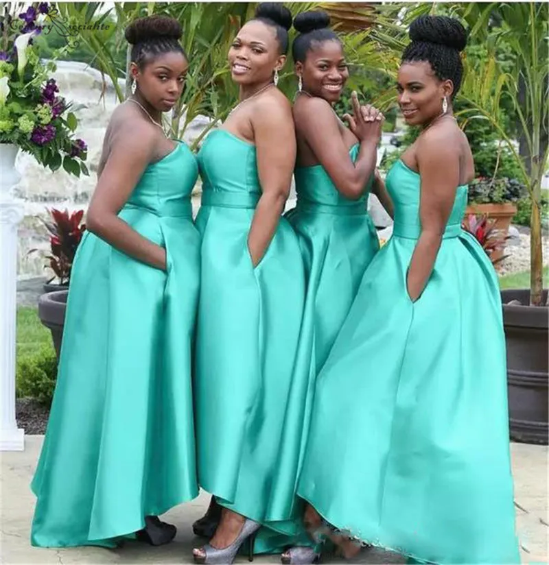 

Hi-Lo Mint Green Long Bridesmaid Dress with Pockets Sweetheart Lace Up Back Satin South African Formal Wedding Party Guest Maid of Honor Gown Plus Size