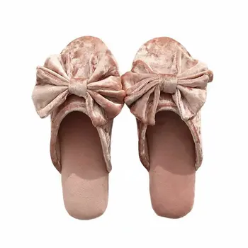 

Millffy French sweet retro solid color velvet big bow ladies slippers home interior floor home pink slipper