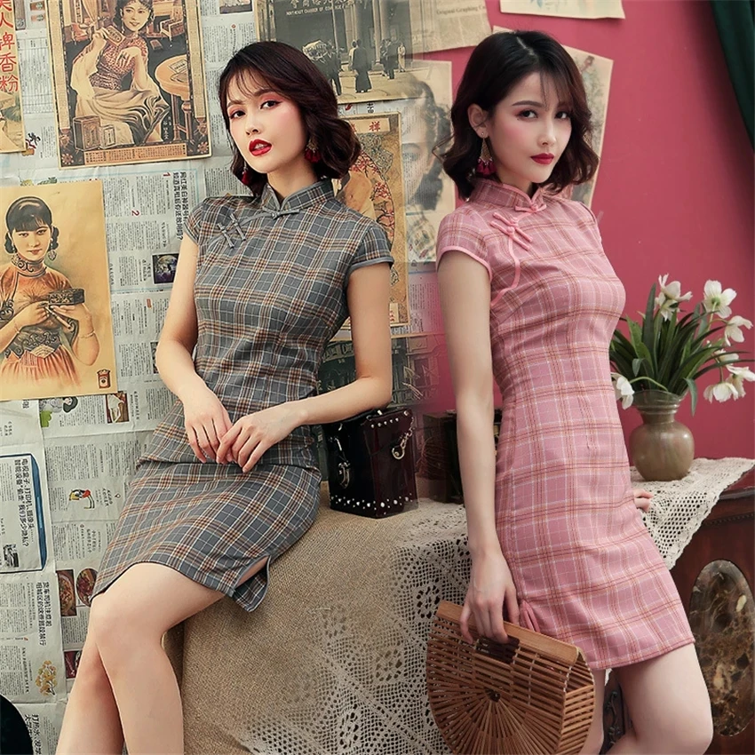 

Chinese Dress Satin Vintage Plaid Women Oriental Robe Cheongsam Modern Qipao Female China Elegant Casual Party New Year Clothes