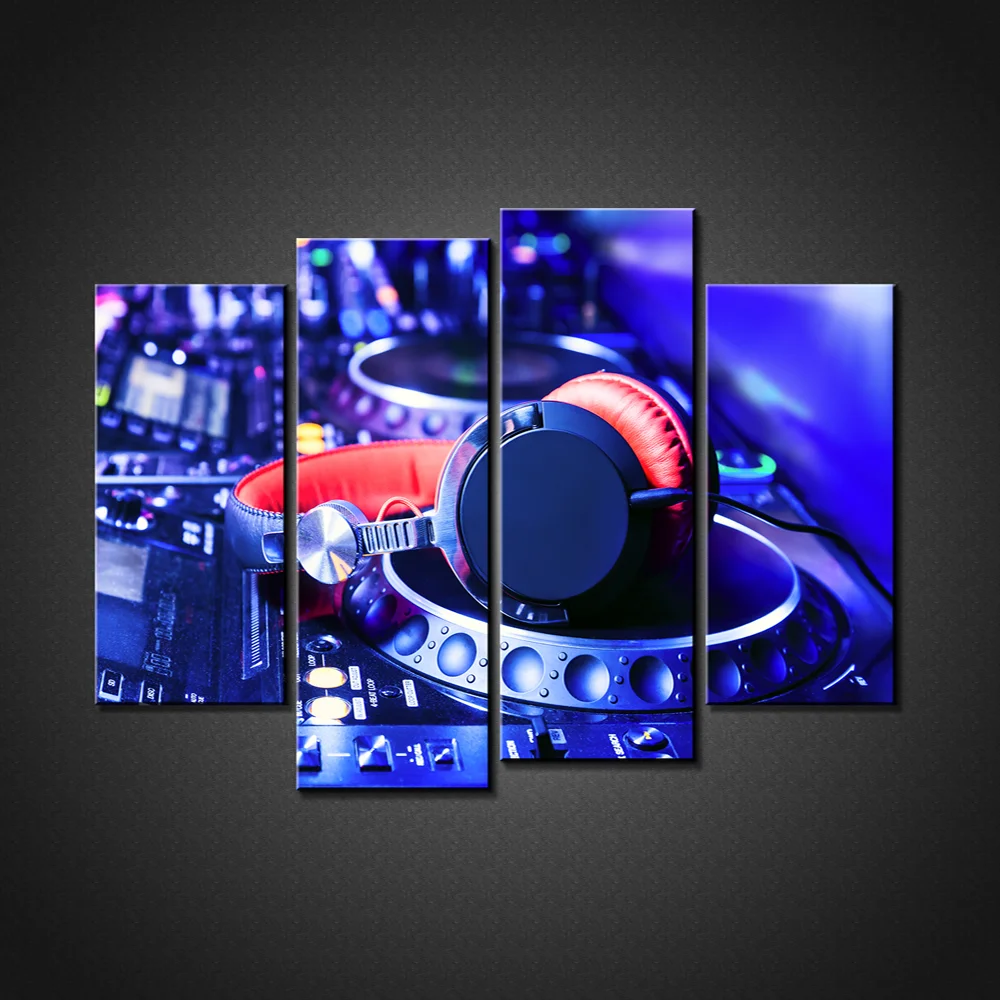 HD Print Canvas Wall Art Modular No Frame Painting Popular Poster 4 PCS Blue DJ MIXER HEADPHONE Picture For Living Room Decor
