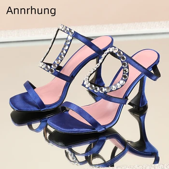 

Asymmetrical Fretwork Slim Runway Shoes Woman High Goblet Heel Sqaure Open Toe Luxury Satin Rhinestone Women Slippers
