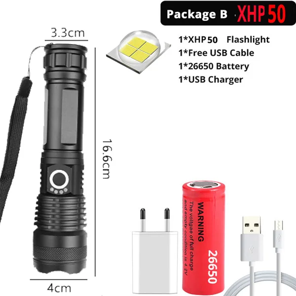 Package C-XHP50 Новейший XLamp самый мощный светодиодный светильник-вспышка, фонарь с зумом XHP70, заряжаемый через USB, тактический светильник 18650 26650 XHP50, Охотничья лампа - Испускаемый цвет: Package C-XHP50