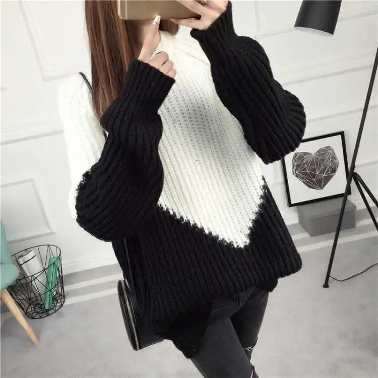 PEONFLY Мода модного цвета, в стиле пэчворк осень зима женский свитер с круглым вырезом вязаный джемпер Топ Свободный Повседневный теплый женский свитер - Цвет: black and white