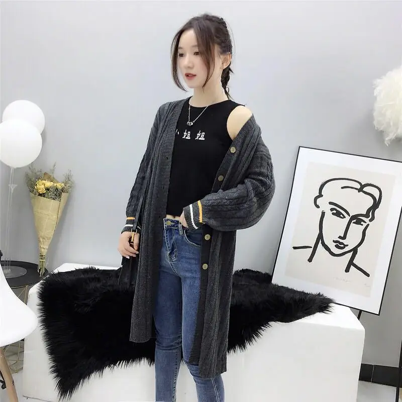 Dark Gray Neploe Новые лоскутные Макси кардиганы вязаный свитер с длинными рукавами Свободный Тонкий Pull Femme осень зима дикое модное пальто 46460 - Цвет: Dark Gray