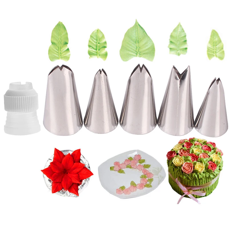 6Pcs Set Leaves Nozzles Stainless Steel Icing Piping Nozzles Tips Pastry Tips For Fondant Cake Baking Decorating Tools cake decorating tip set,cake icing nozzles,baking nozzle set,cake decorating nozzle set