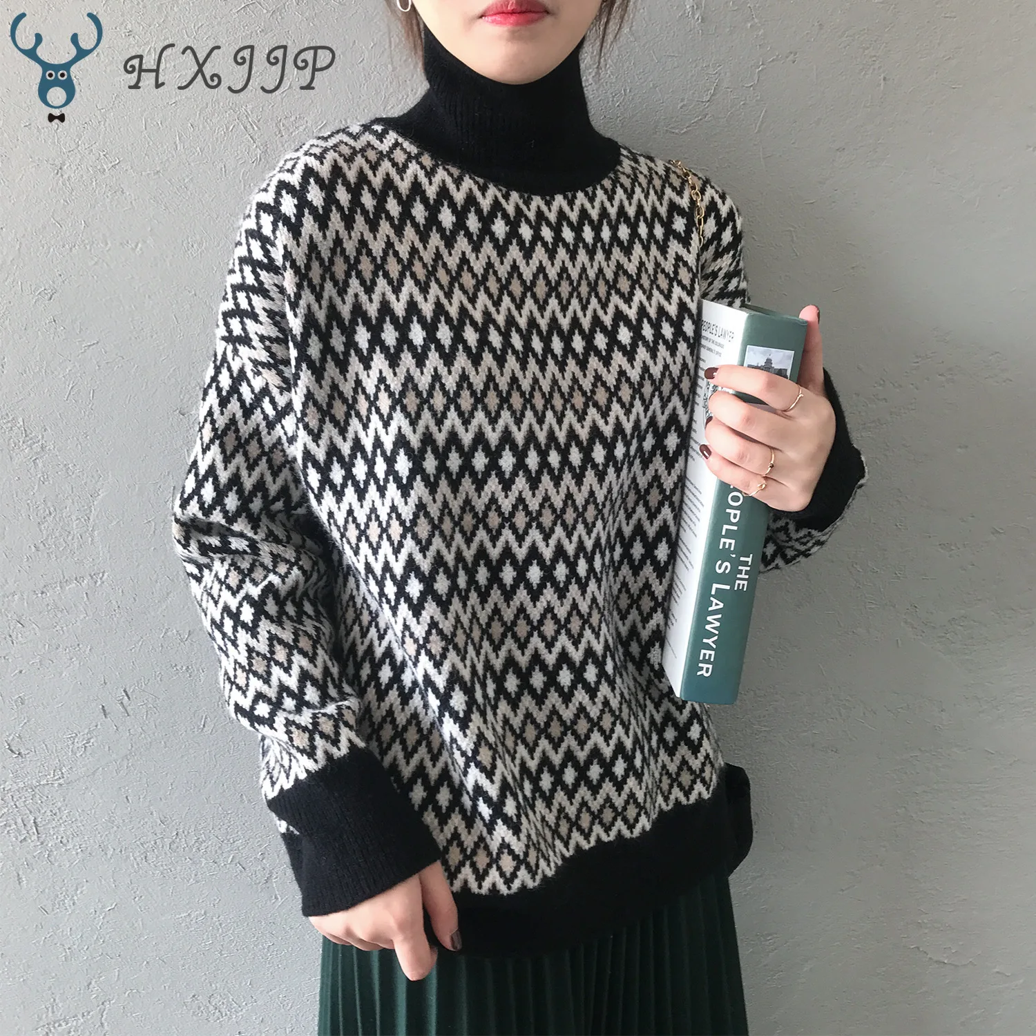 HXJJP Autumn/Winter 2019 New Loose Outerwear Turtleneck Sweater Women's Full Sleeve Retro Geometric Knitted Pullovers Top |