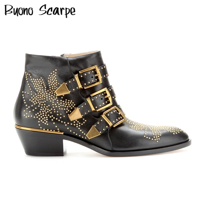 Susanna Botas con tachuelas para Mujer, botines bajos con Botines de Cuero  Real de Metal, de diseñador de marca, de alta calidad, informales, Punk| Botas hasta el tobillo| - AliExpress