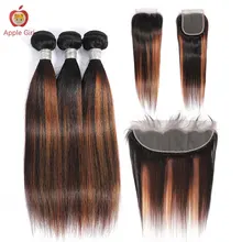 Highlight Human Bundles With Closure Straight Human Hair 2 or 4 or 3 Bundles With Frontal Colored Brazilian Remy Applegirl