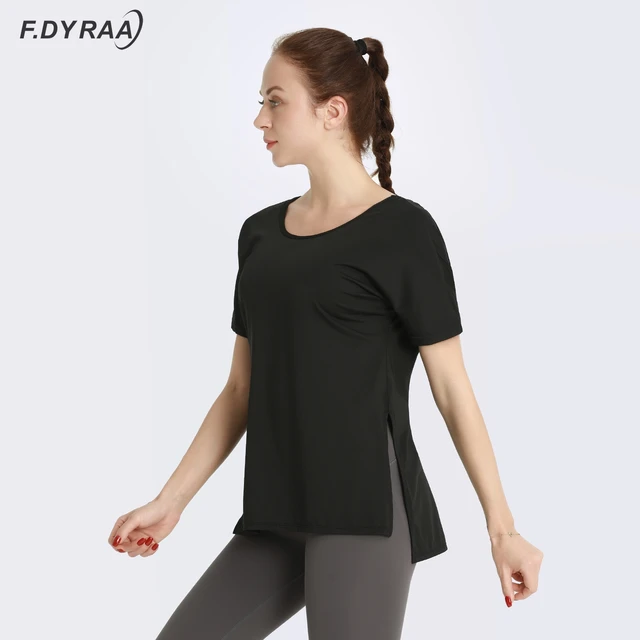 F DYRAA Women Hollow Back Yoga Shirts Short Sleeve Top Sports T Shirts Quick Dry Breathable