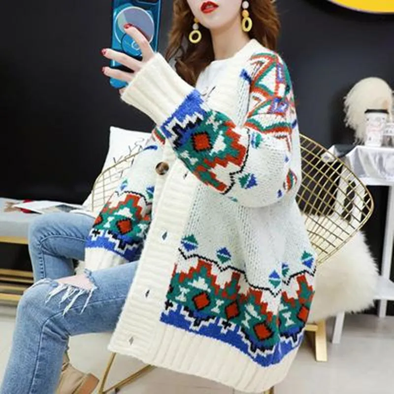 

2019 Fashion Net Red Sweater Cardigan Women's Loose Mid-long Autumn Dress Elegant Style Lazy Wind Jacket, Fairy knitted jacket