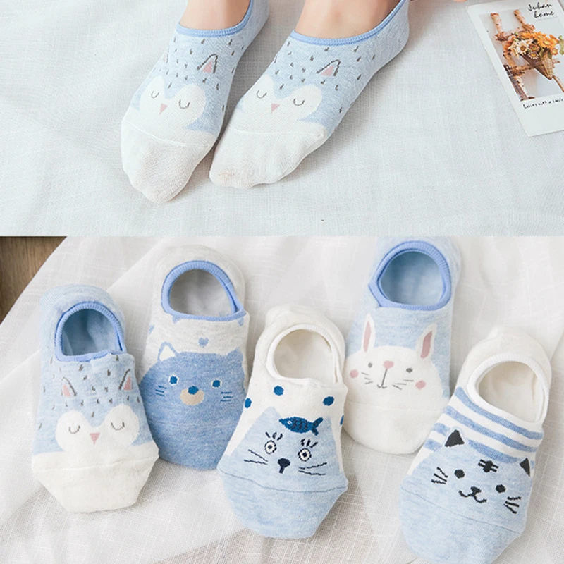 10 Pieces=5Pairs Arrivl Women Socks Funny Fruits Cute Happy Silicone Slip Invisible Cotton Sock 35-40 Printed Socking