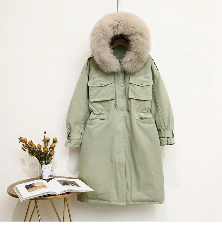 CRRIFLZ 90% White Duck Down Jacket Long Fox Fur Collar Hooded Coats Winter Jacket Women Real Fur Warm Button Pocket Down Parka