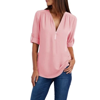 

Sexy V Neck Zipper Short Sleeve Women Shirts Solid Womens Tops Blouses Casual Tee Shirts Tops Female Clothes Plus Size 5XL