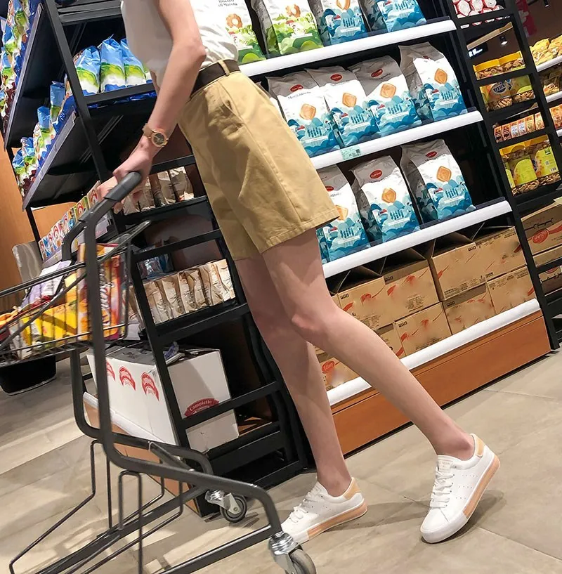 Лидер продаж, модные 2019 однотонные повседневные женские шорты с карманами и высокой талией, 2019 новый летний шикарный пояс, повседневные