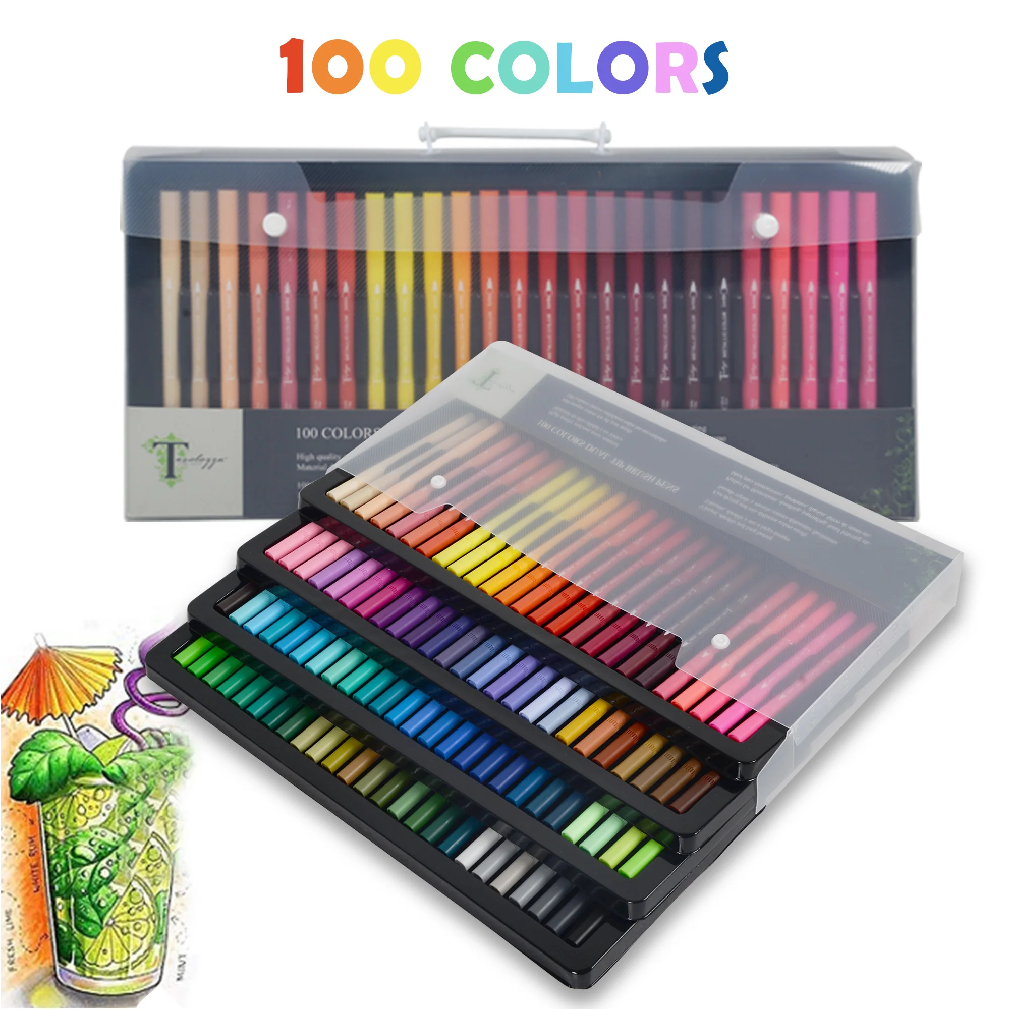 

100 Colors Dual Tip Brush Pens with Fineliner Tip(1.5mm) and Brush Tips( 6mmFor Coloring, Art, Sketching, Calligraphy, Manga