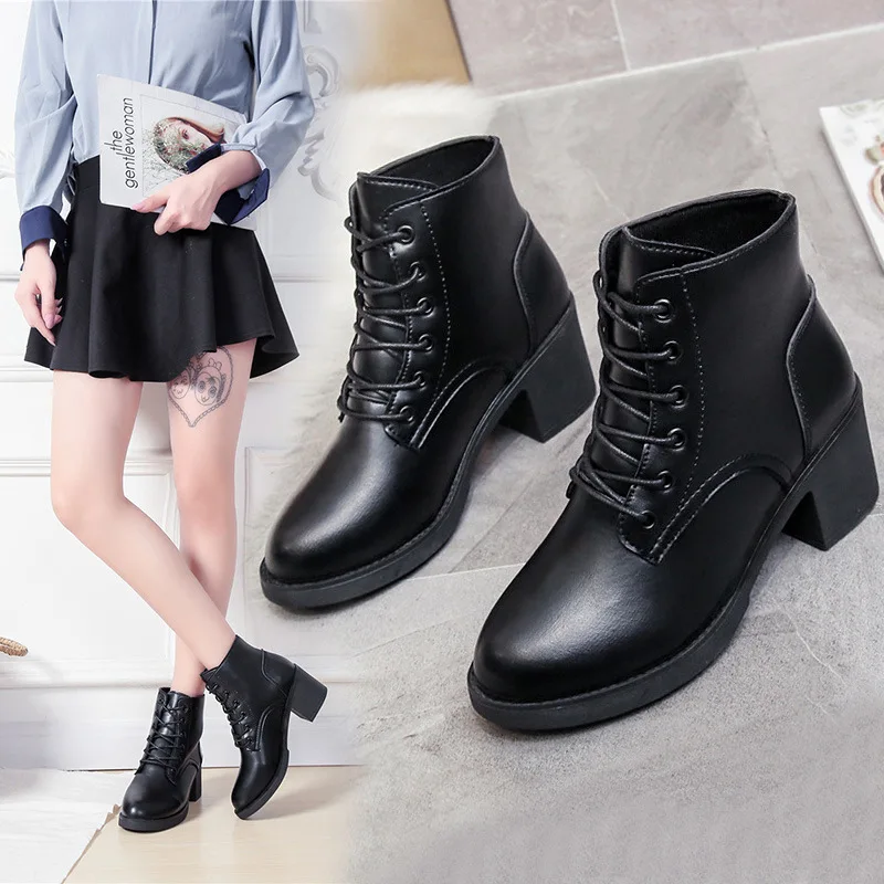 

2019 Autumn & Winter Large Size WOMEN'S Shoes Martin Boots Women's Chunky-Heel Middle-aged Mom Shoes Lace-up Short High Heel Sho