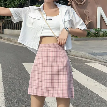 

Summer Skirts Women Vintage Plaid Print Mini Skirt Casual High Waist A-Line Skirts Ladies Skirt Female Clouthes