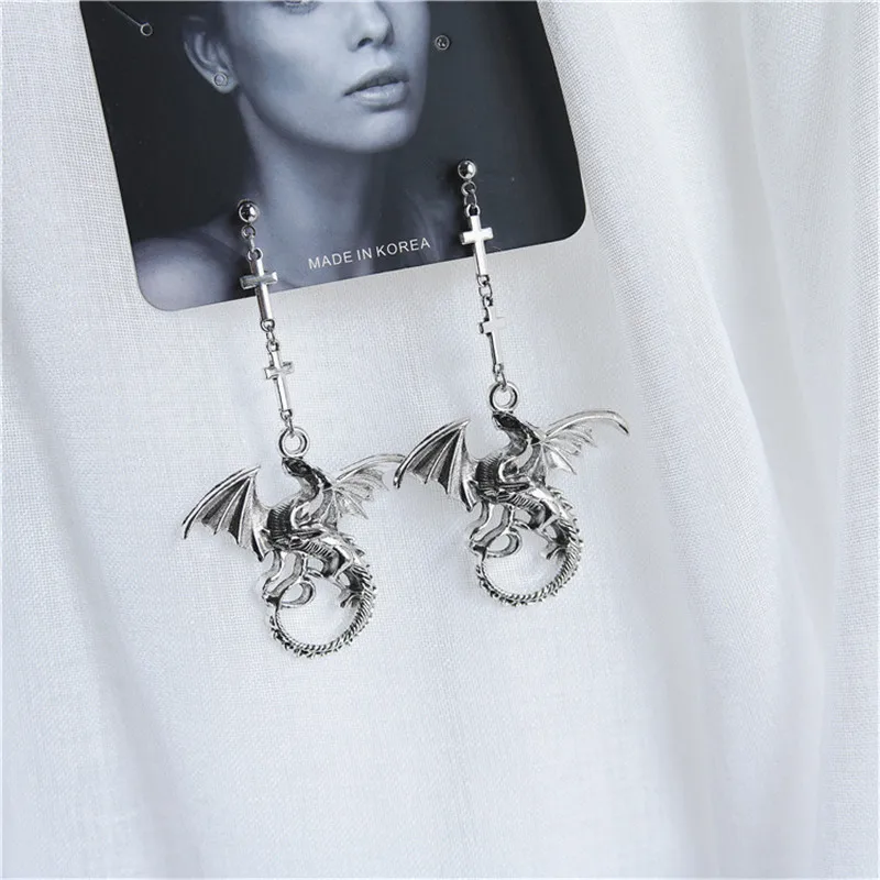 Gothic Statement Exaggerated Punk Alloy Cross Dragon Pendant Men Women Fashion Weird Earrings Jewelry Accessories | Украшения и