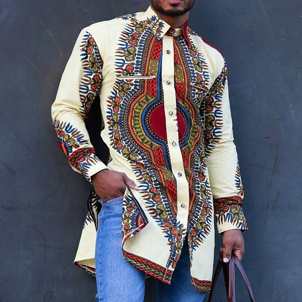 Męski modny nadruk Dashiki Tshirt muzułmańska koszulka z długim rękawem topy islamski dubaj arabski czeski wygodna bluzka koszule ubranie afrykańskie