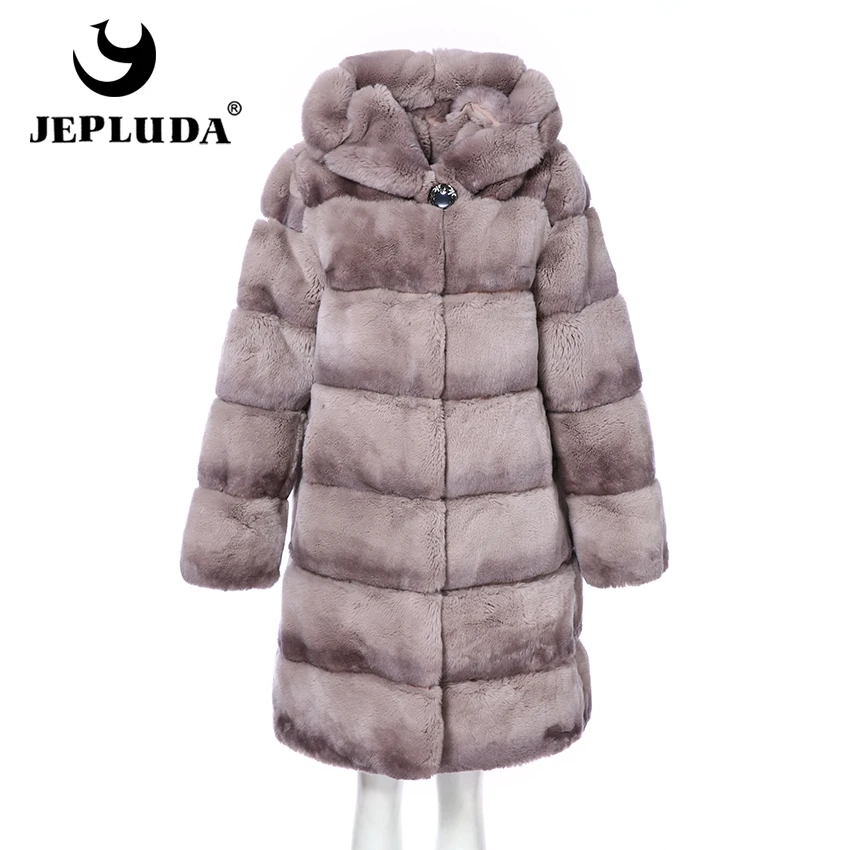 JEPLUDA, высокое качество, мягкий, теплый, настоящий мех кролика, зимнее пальто для женщин, с капюшоном, подол, рукав, трансформер, натуральный мех, пальто, натуральный мех, куртка