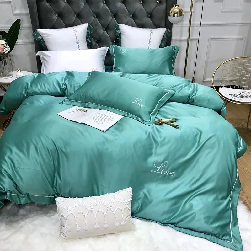 GraspDream роскошный комплект постельного белья из 4 предметов, чистый атлас, шелк, чистый цвет, европейский стиль, вышитая простыня на кровать, пододеяльник, наволочка - Цвет: Color-11