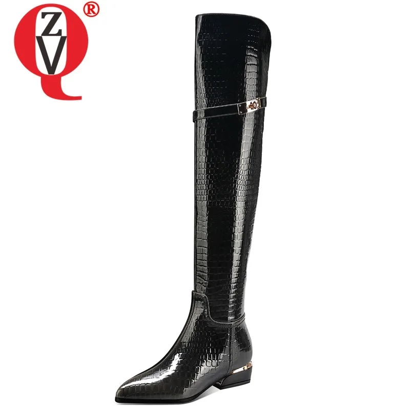 

ZVQ winter new fashion over knee boots outside comfortable pointed toe patent leather zip women shoes drop shipping size 33-43