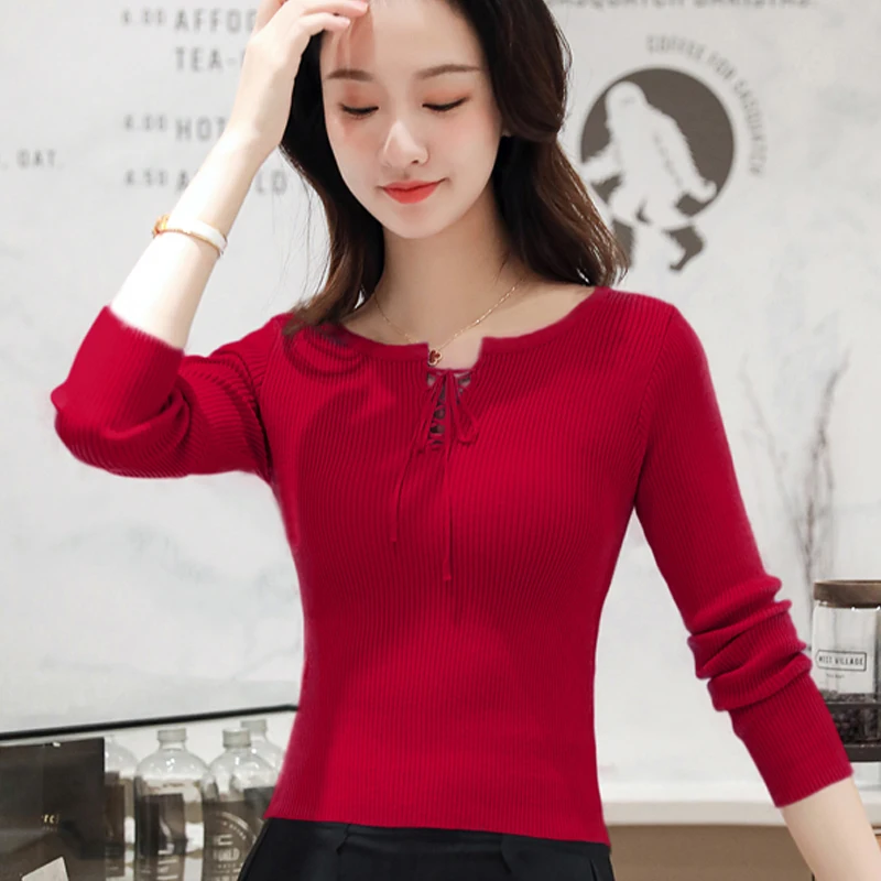 

shintimes Womens Sweater 2020 Elasticity Soft Lace up Bow Sweaters Women Pullover Long Sleeve Woman Sweater Knitted Tops Sueter