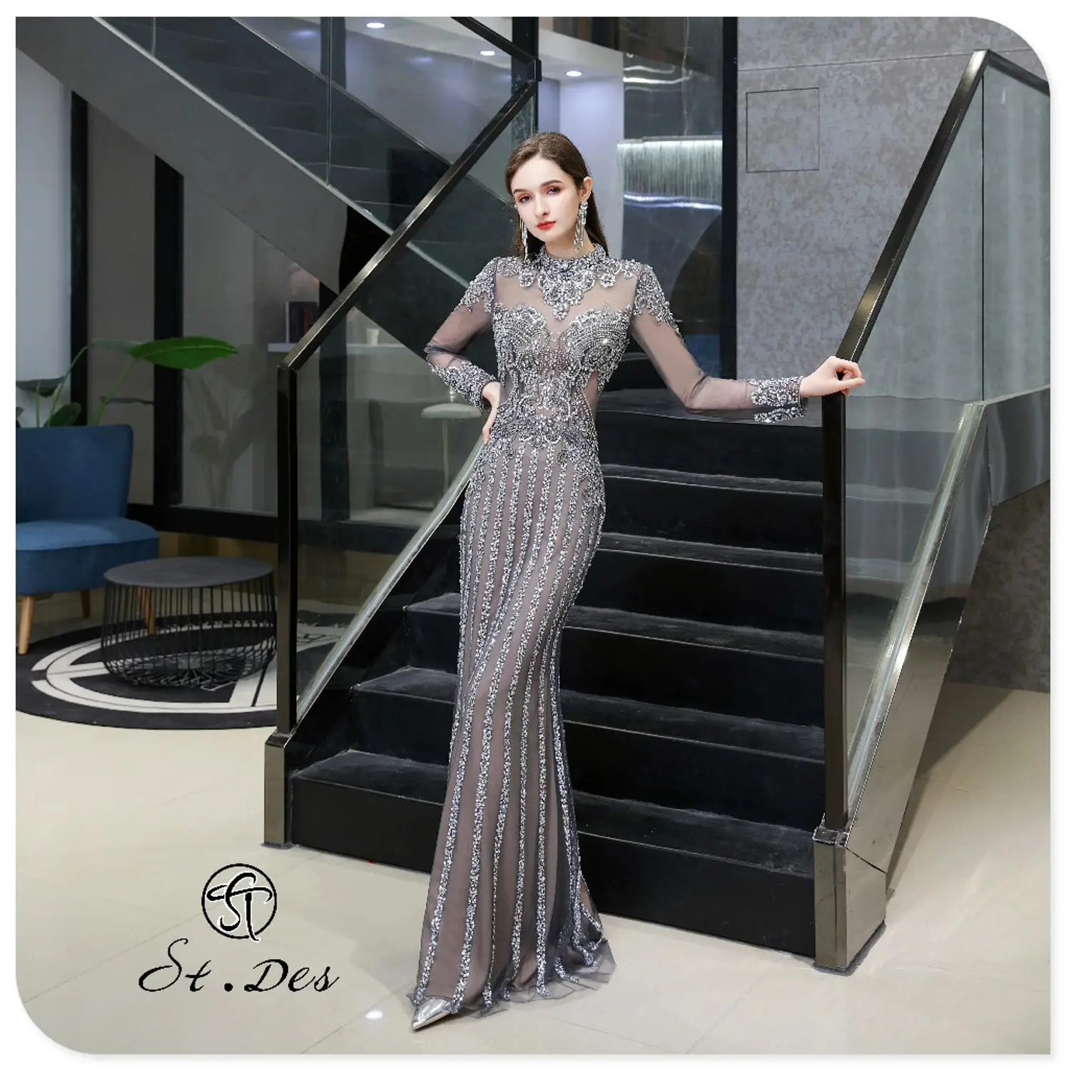 

S.T.DES Evening Dress 2020 New Arrival Sweatheart off-shoulder A-line Lace Sleeveless Floor Length Party Dress Dinner Gowns